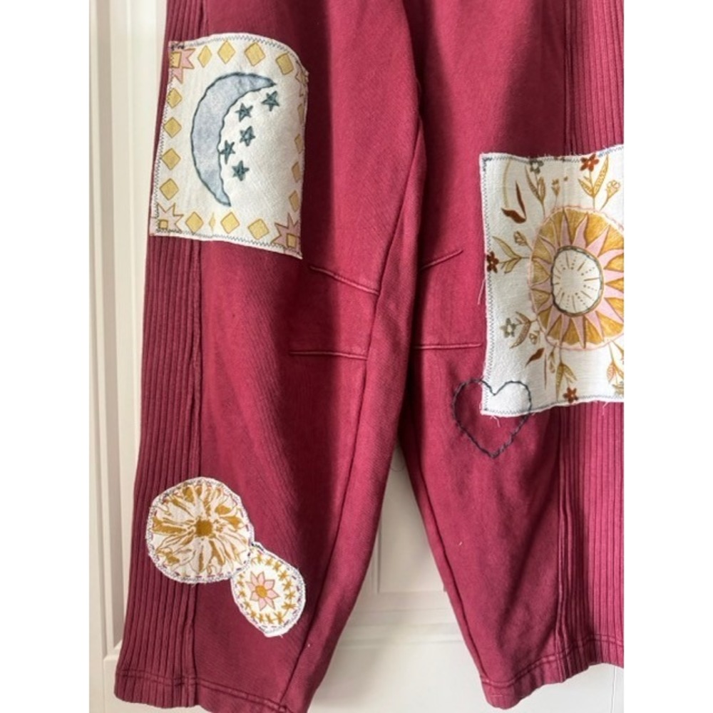 Aerie Burgundy Celestial Patch Sweatpants Sun Moon Star Wide Leg Joggers Boho M